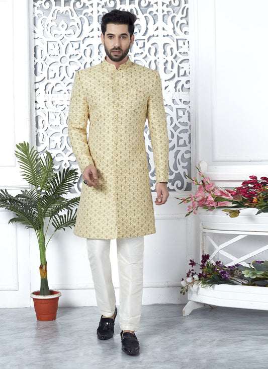 Yellow Jacquard Silk Indo Western Outfit