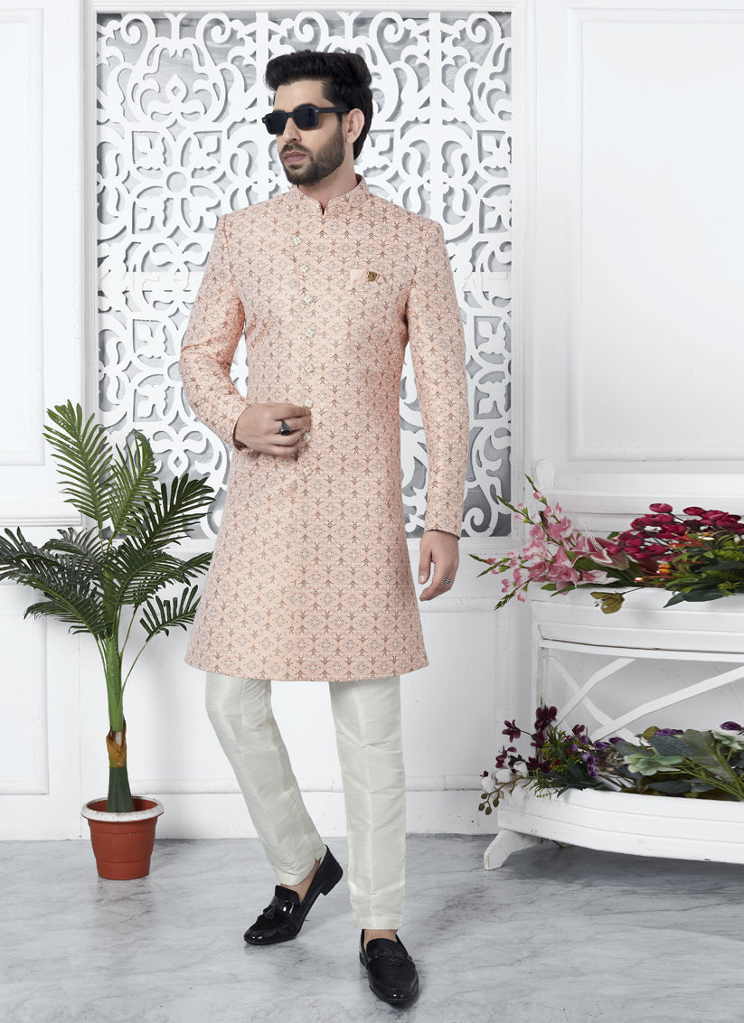 Salmon Pink Jacquard Silk Indo Western Outfit
