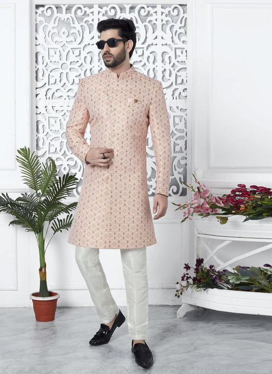 Salmon Pink Jacquard Silk Indo Western Outfit