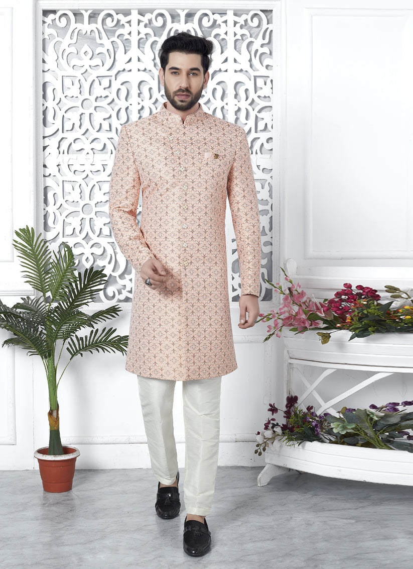 Salmon Pink Jacquard Silk Indo Western Outfit