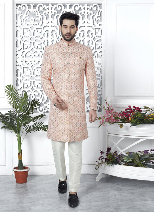 Salmon Pink Jacquard Silk Indo Western Outfit