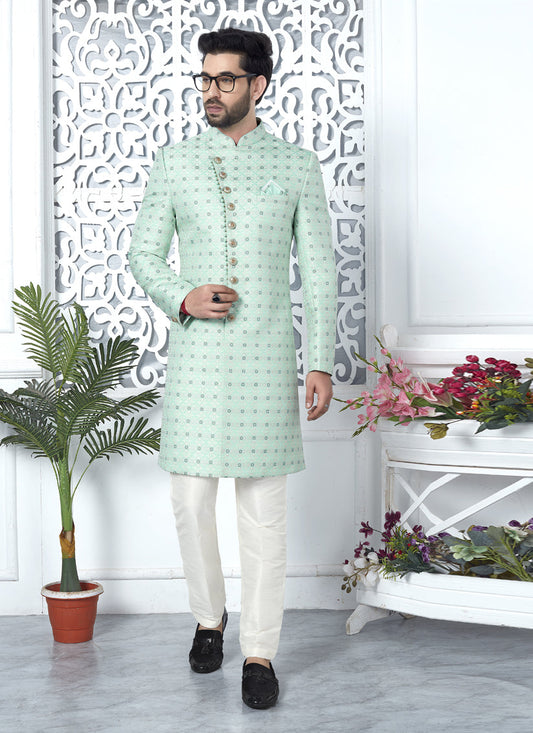 Mint Green Jacquard Silk Indo Western Outfit