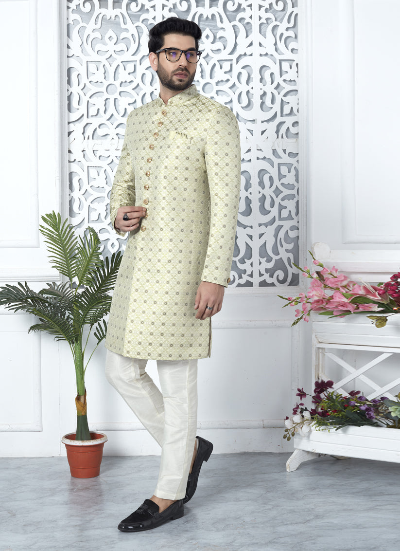 Pista Green Jacquard Silk Indo Western Outfit