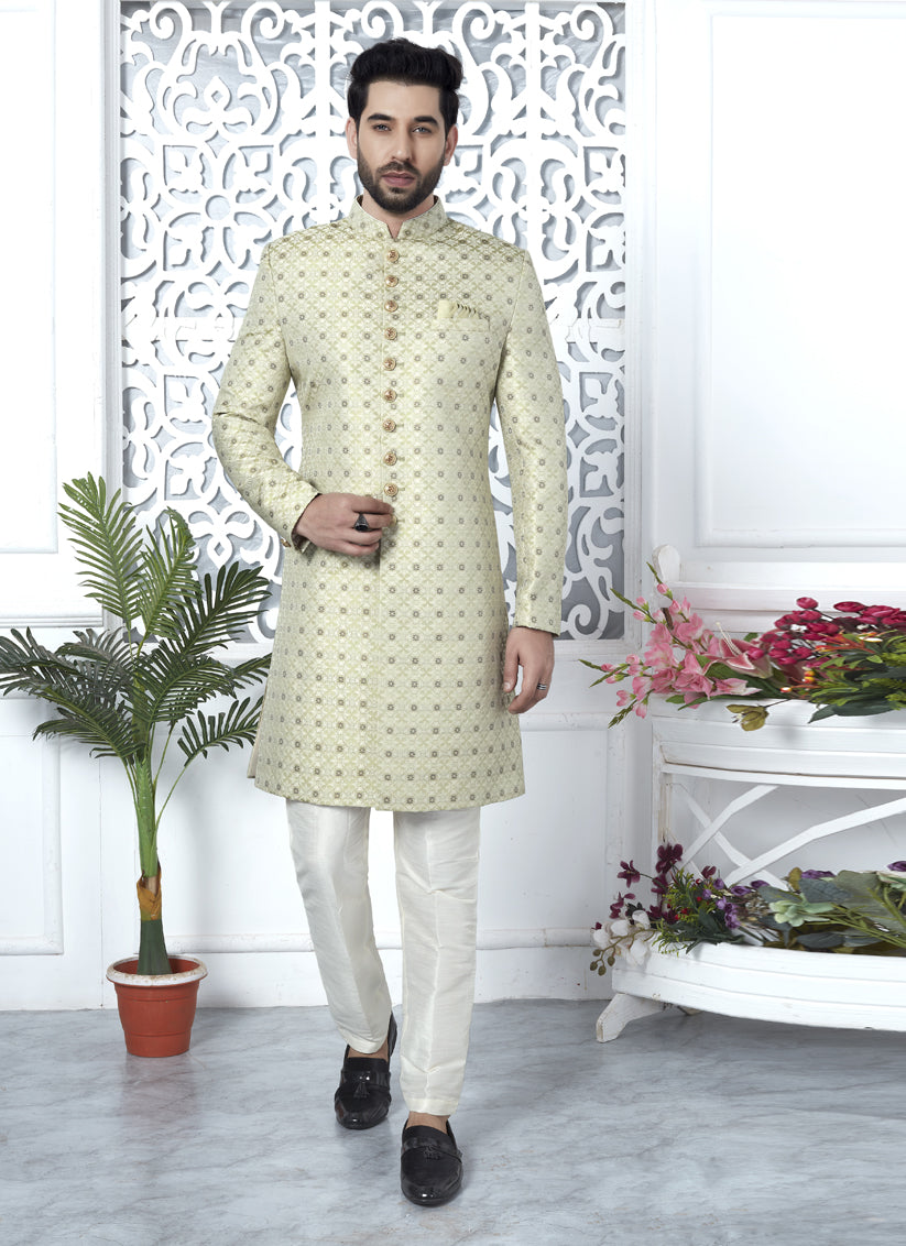 Pista Green Jacquard Silk Indo Western Outfit