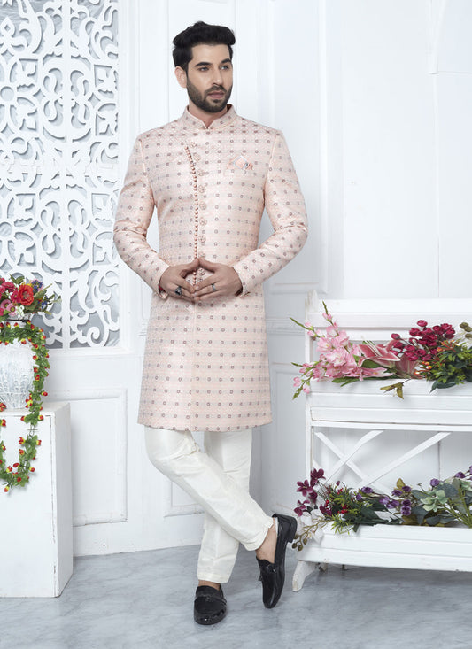 Pink Jacquard Silk Indo Western Outfit