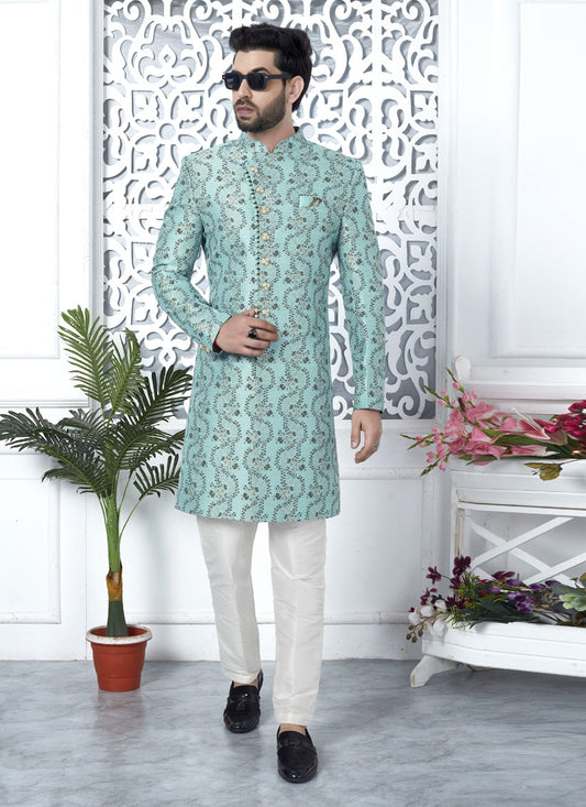 Firozi Jacquard Silk Indo Western Outfit