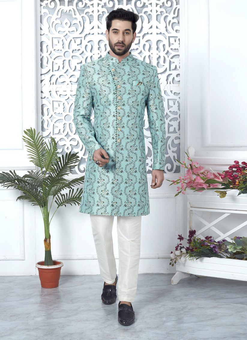 Firozi Jacquard Silk Indo Western Outfit