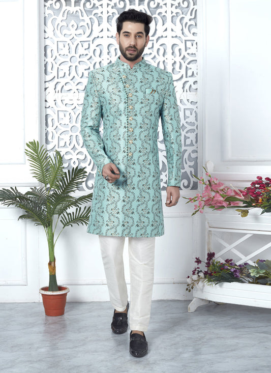 Firozi Jacquard Silk Indo Western Outfit