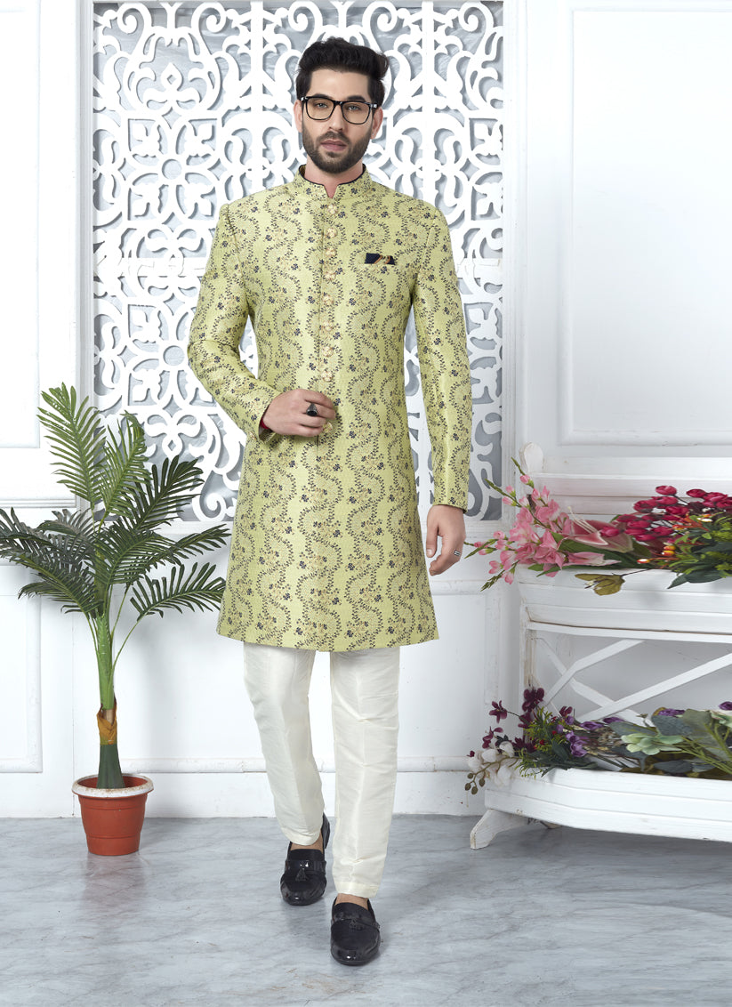 Pista Green Jacquard Silk Indo Western Outfit