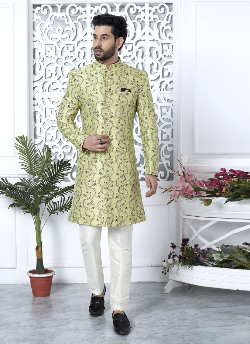 Pista Green Jacquard Silk Indo Western Outfit