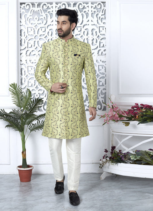 Pista Green Jacquard Silk Indo Western Outfit
