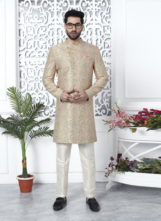 Peach Jacquard Silk Indo Western Outfit