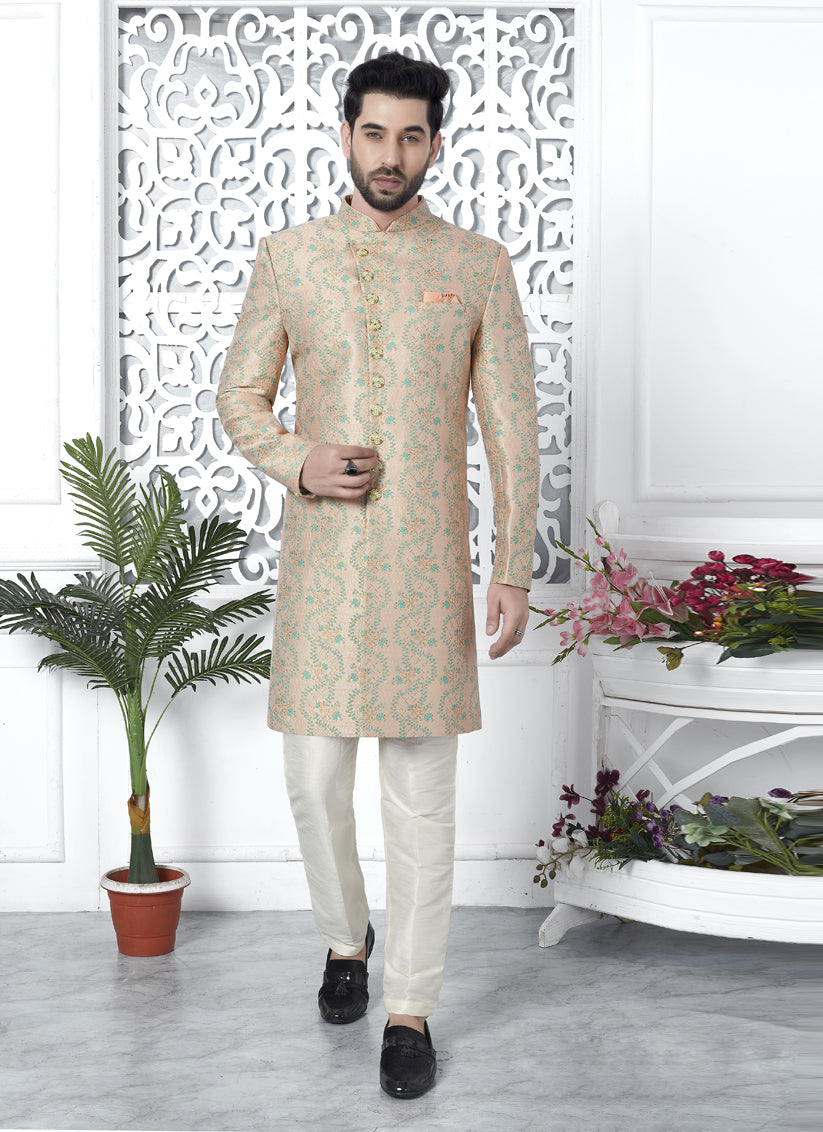 Peach Jacquard Silk Indo Western Outfit