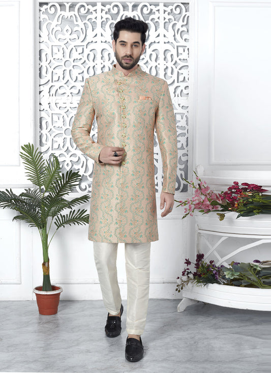 Peach Jacquard Silk Indo Western Outfit