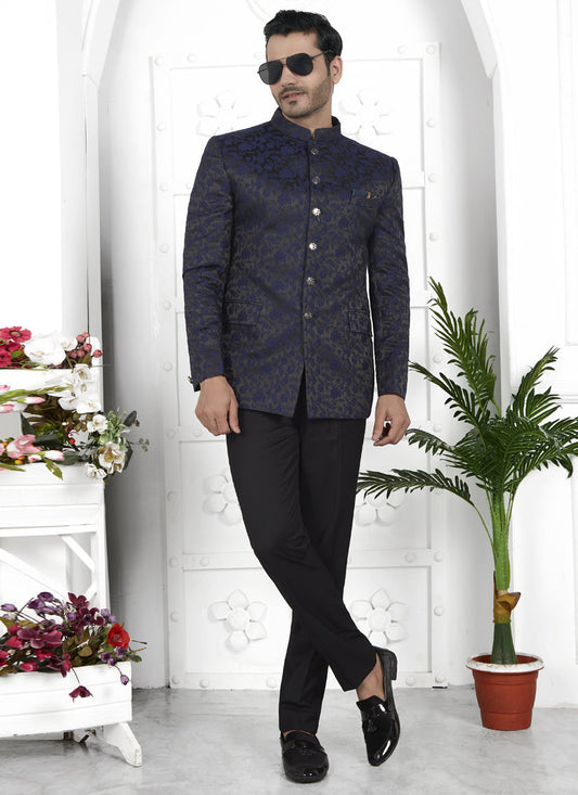 Navy Blue Jacquard Silk Blazer