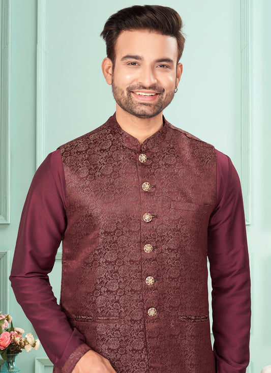 Wine Mens Kurta Pajama Set With Jacket