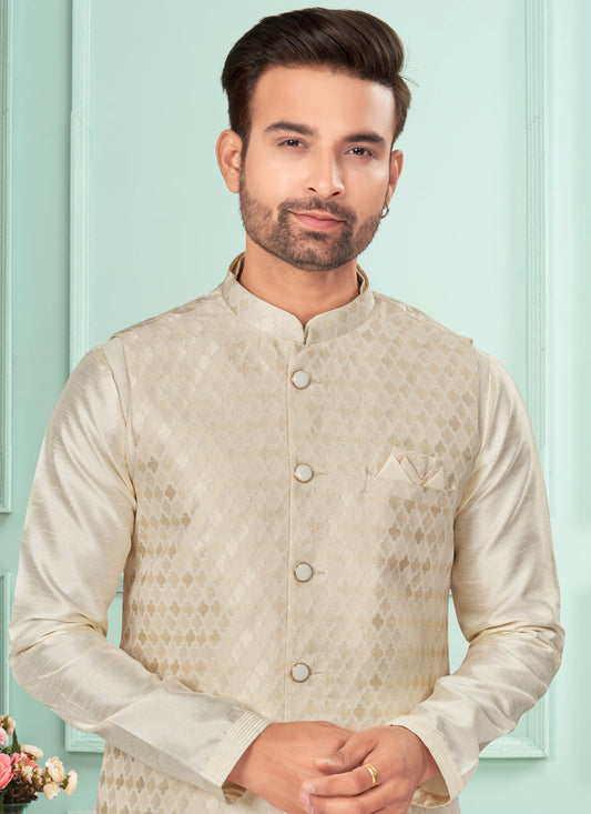 Cream Mens Kurta Pajama Set With Jacket
