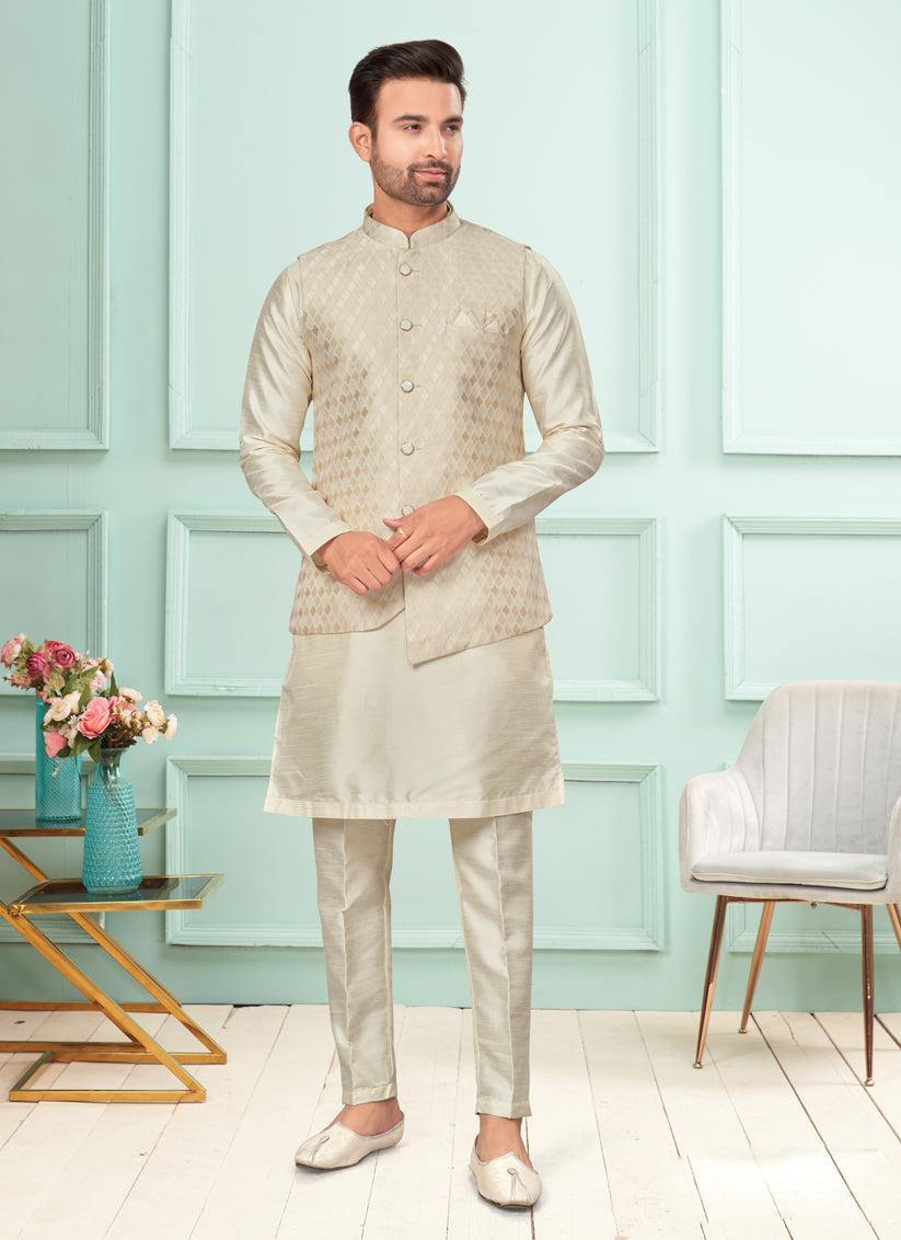 Cream Mens Kurta Pajama Set With Jacket