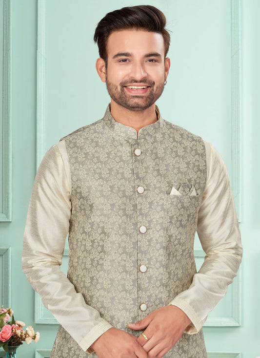 Cream Mens Kurta Pajama Set With Jacket