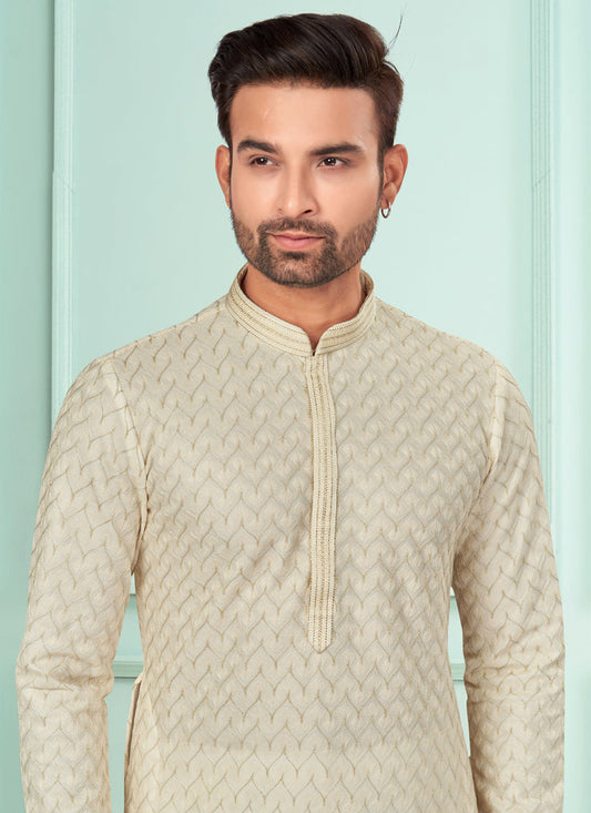 Cream Jacquard Mens Kurta Pajama Set