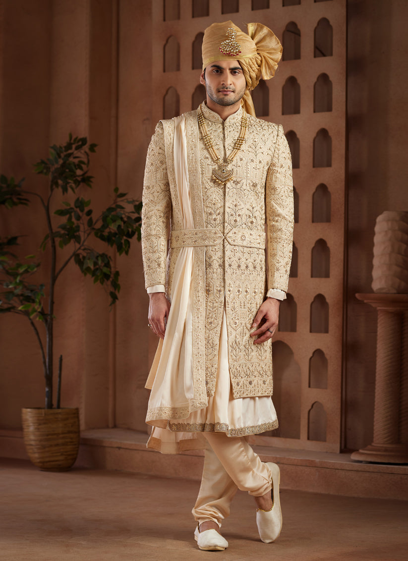 Beige Heavy Wedding Wear Designer Sherwani
