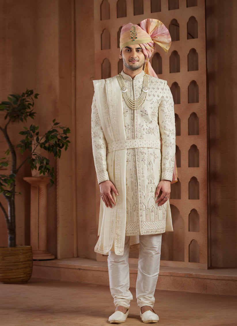 Cream Heavy Wedding Wear Designer Sherwani
