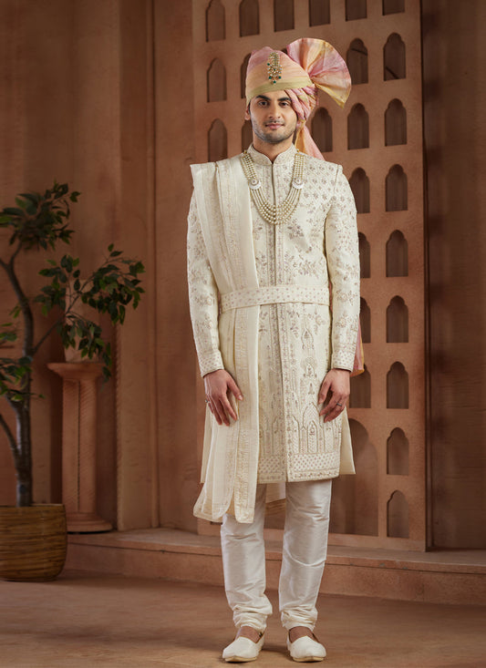 Cream Heavy Wedding Wear Designer Sherwani