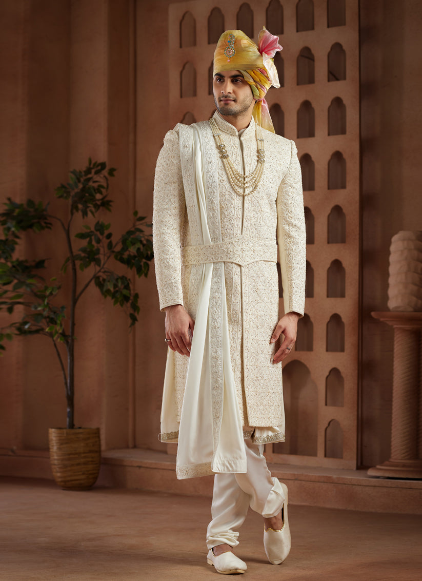 Cream Heavy Wedding Wear Designer Sherwani