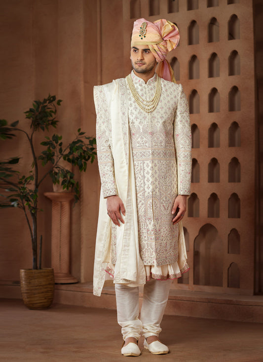 Cream Heavy Wedding Wear Designer Sherwani