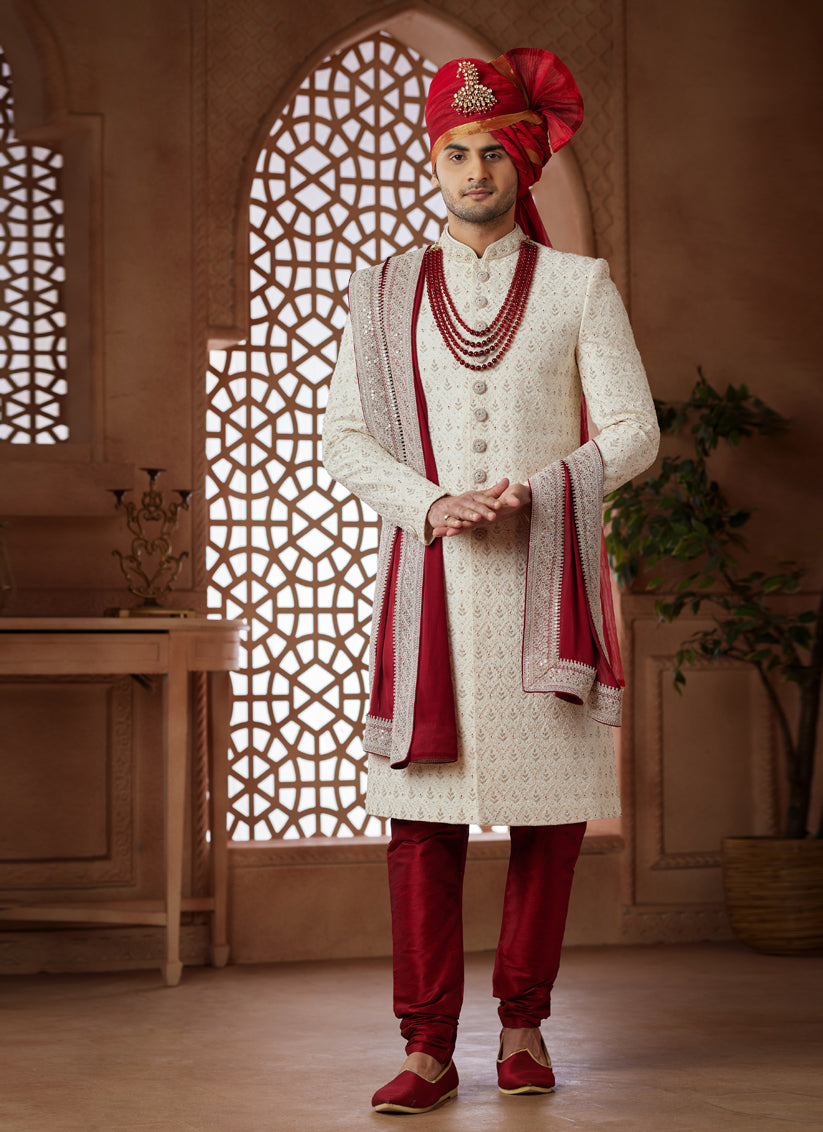 Cream Heavy Wedding Wear Designer Sherwani