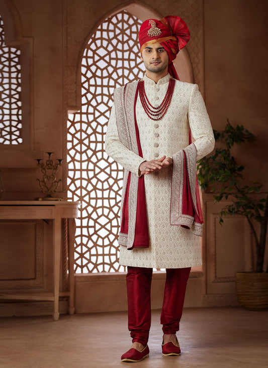 Cream Heavy Wedding Wear Designer Sherwani