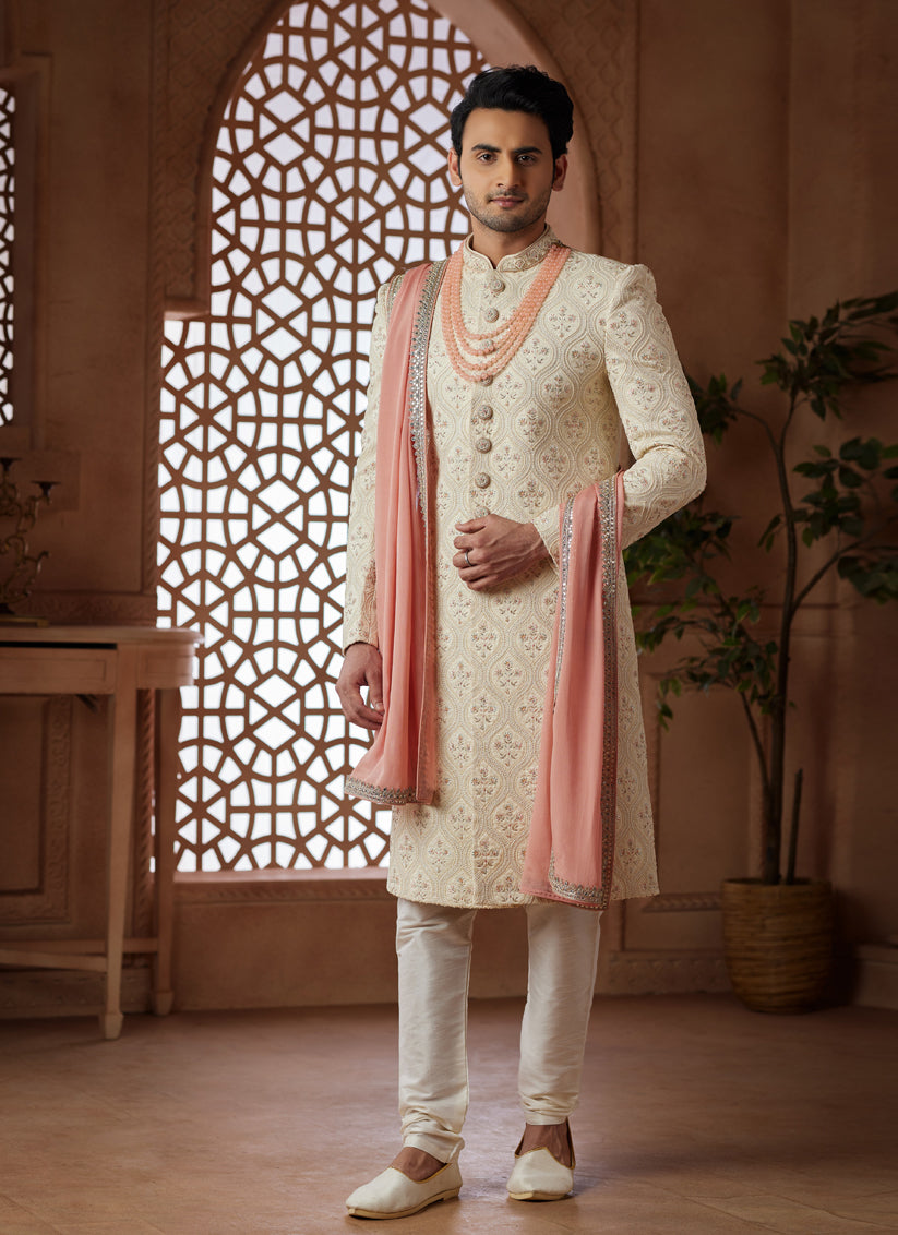 Cream Heavy Wedding Wear Designer Sherwani