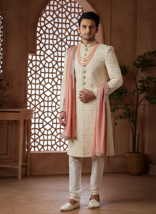 Cream Heavy Wedding Wear Designer Sherwani