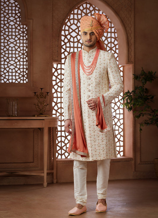 Cream Heavy Wedding Wear Designer Sherwani