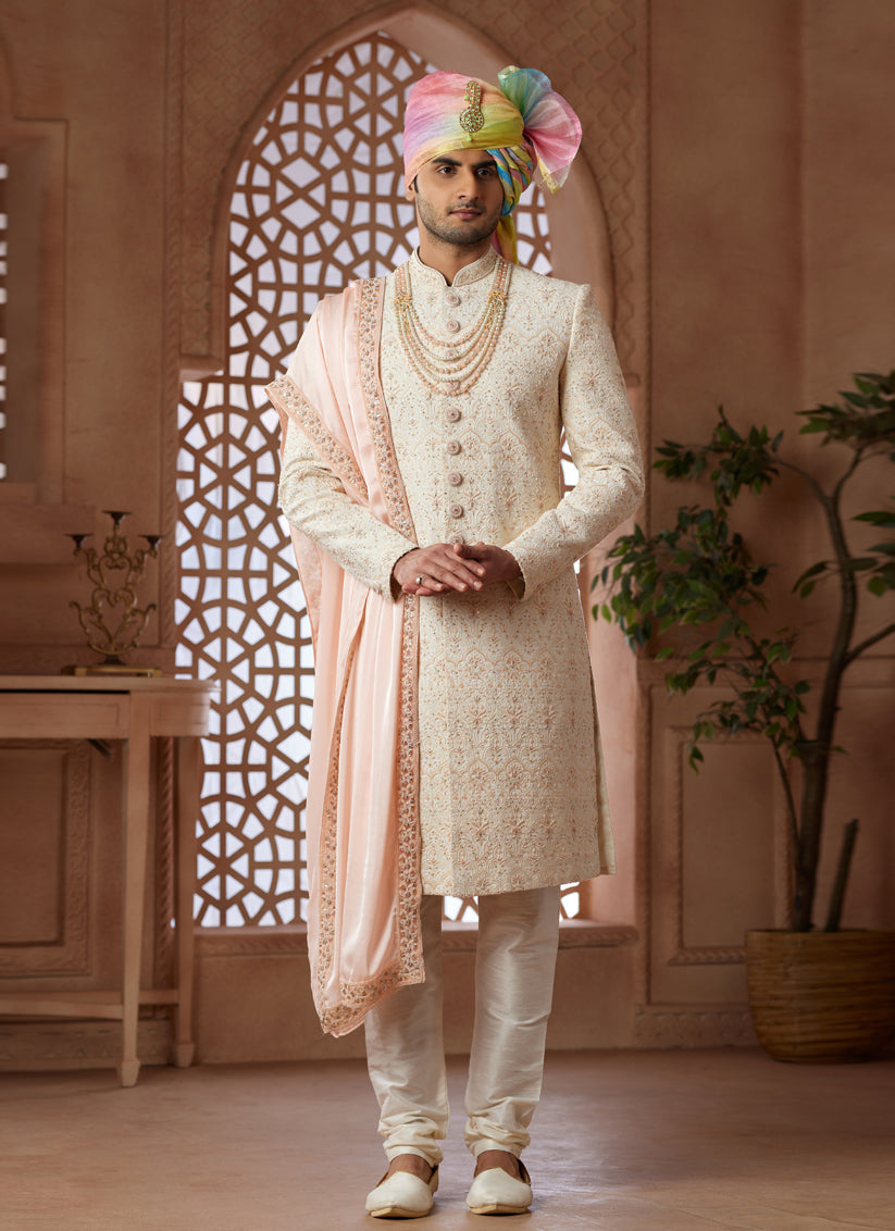 Cream Heavy Wedding Wear Designer Sherwani
