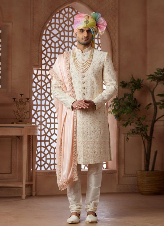 Cream Heavy Wedding Wear Designer Sherwani