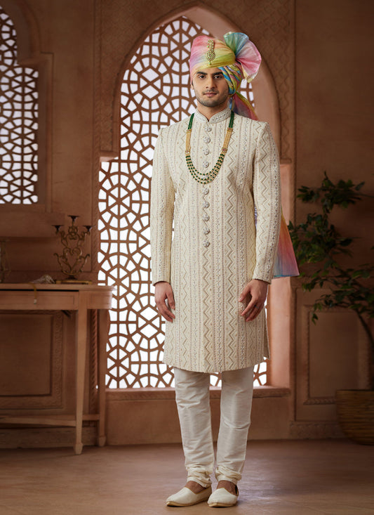 Cream Heavy Wedding Wear Designer Sherwani