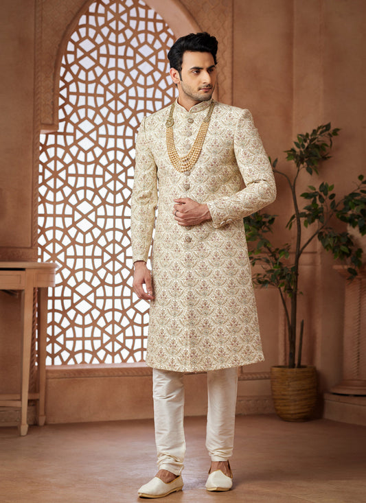 Cream Heavy Wedding Wear Designer Sherwani