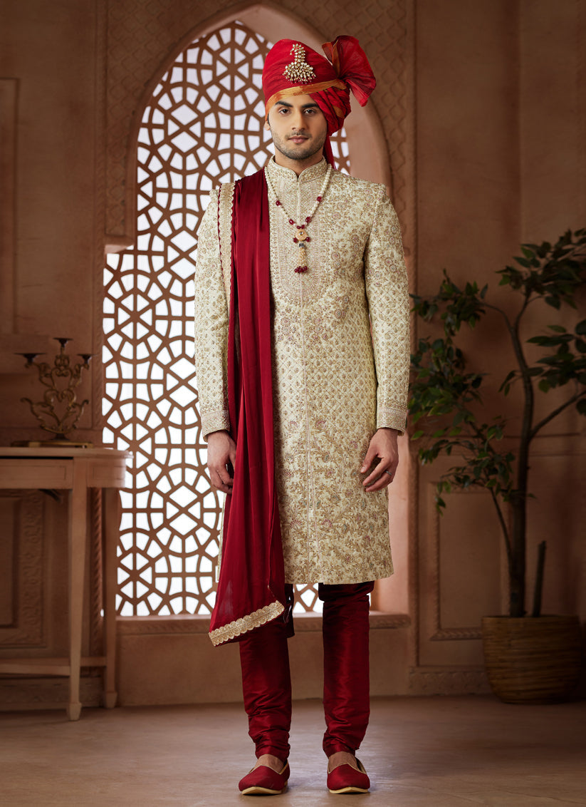 Cream Heavy Wedding Wear Designer Sherwani