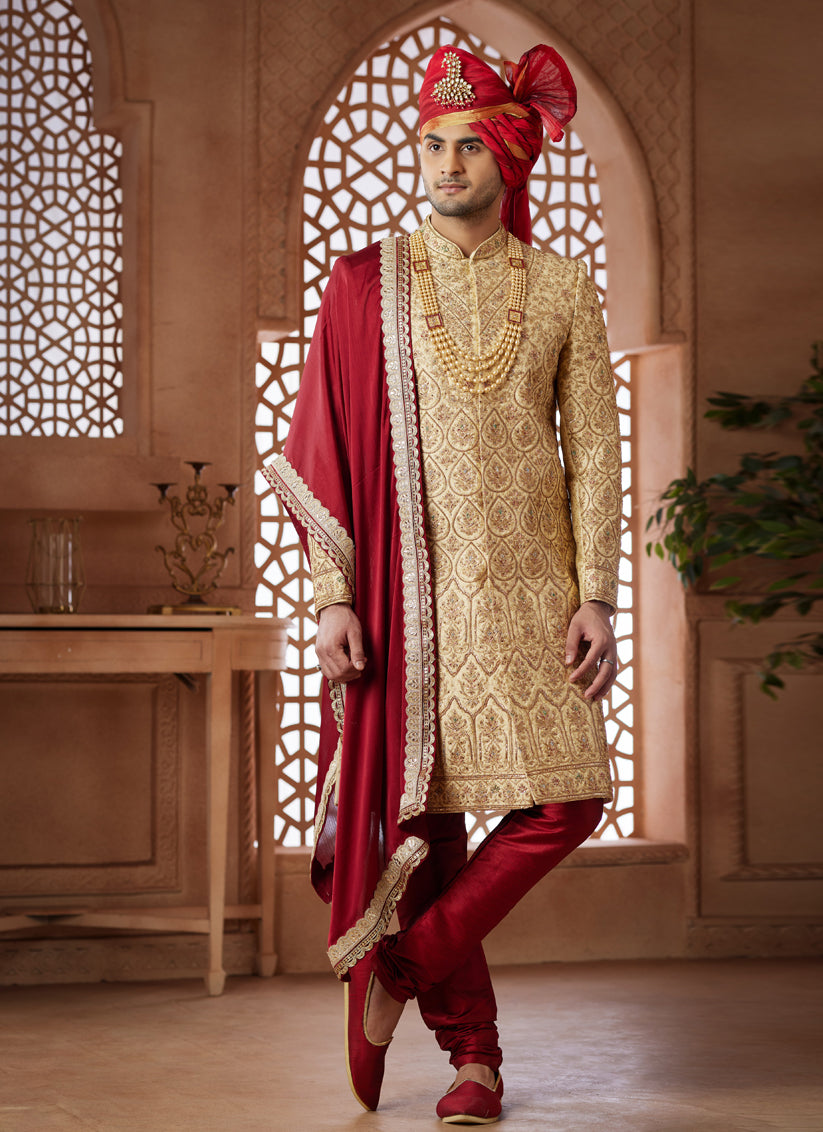 Beige Heavy Wedding Wear Designer Sherwani