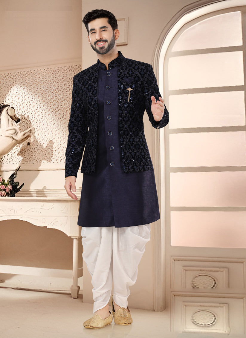 Navy Blue Designer Semi Indo Western