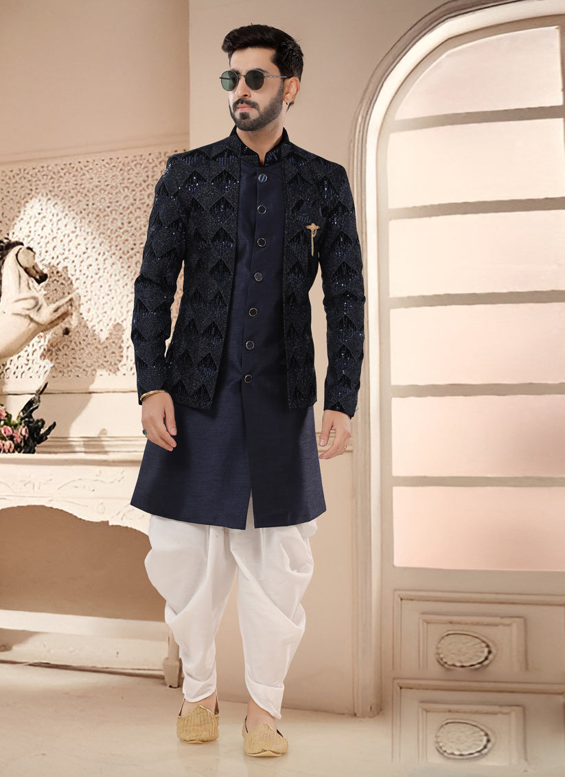 Navy Blue Designer Semi Indo Western