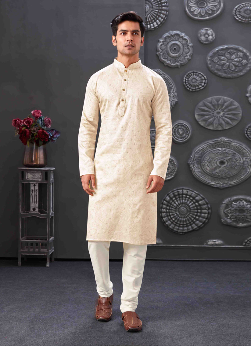 Off White Polyester Printed Kurta Pajama Set