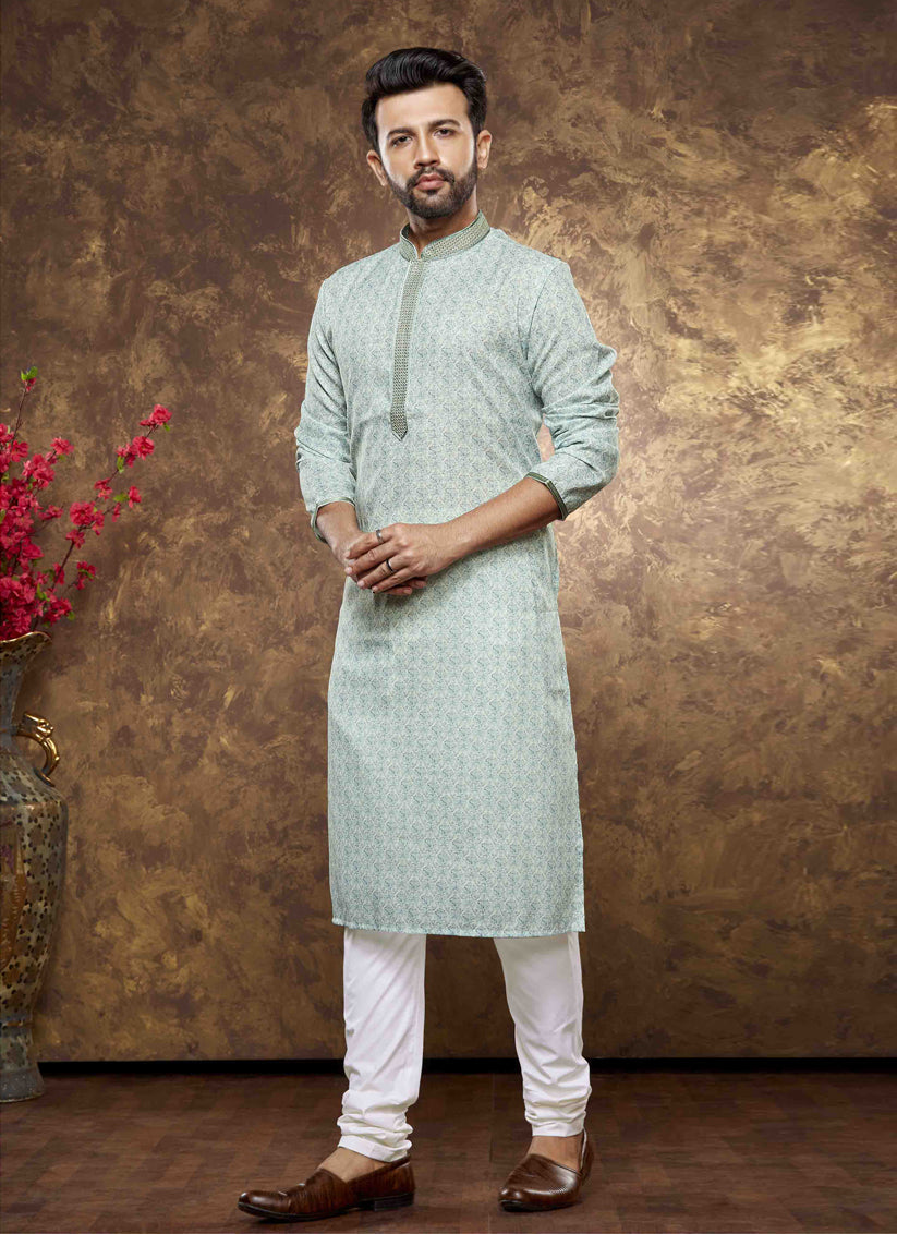 Ice Mint Cotton Printed Kurta Pajama Set