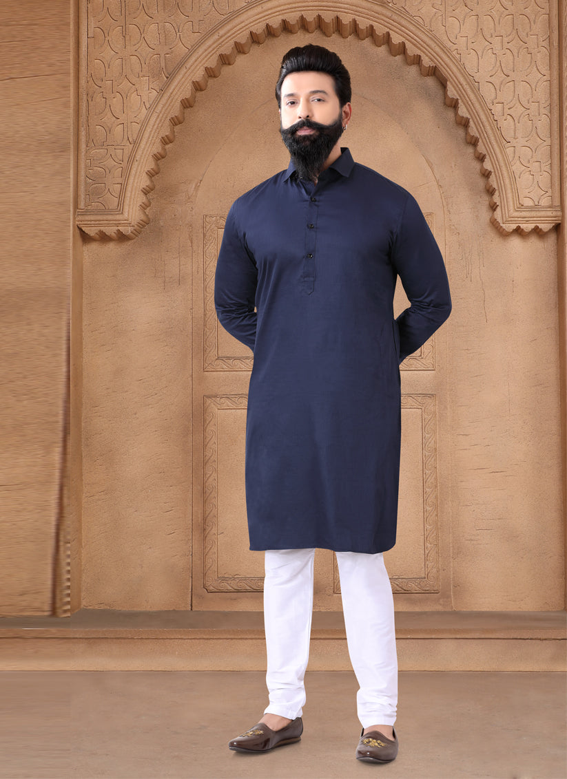 Navy Blue Cotton Mens Kurta Pajama Set