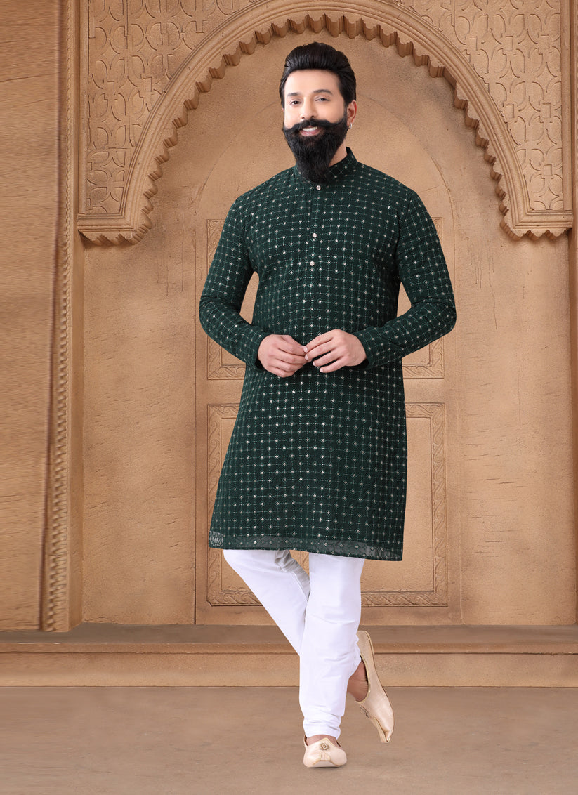 Bottle Green Georgette Mens Kurta Pajama Set