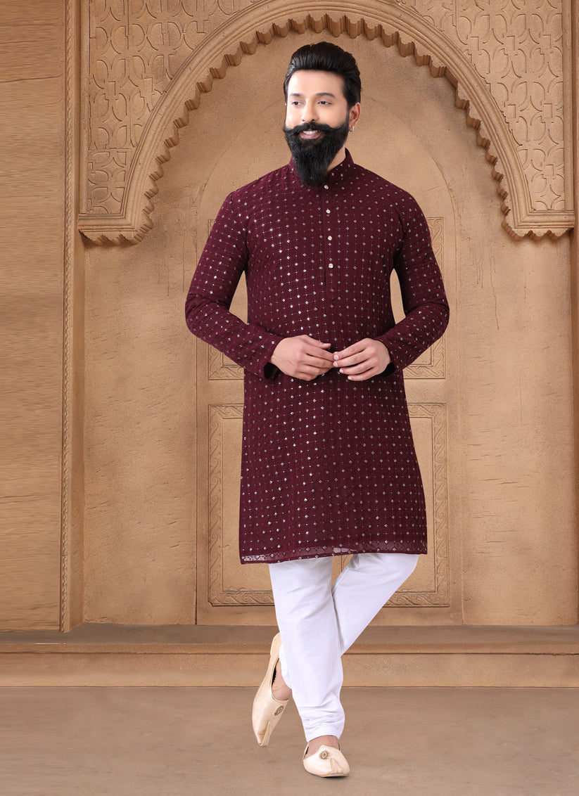 Maroon Georgette Mens Kurta Pajama Set