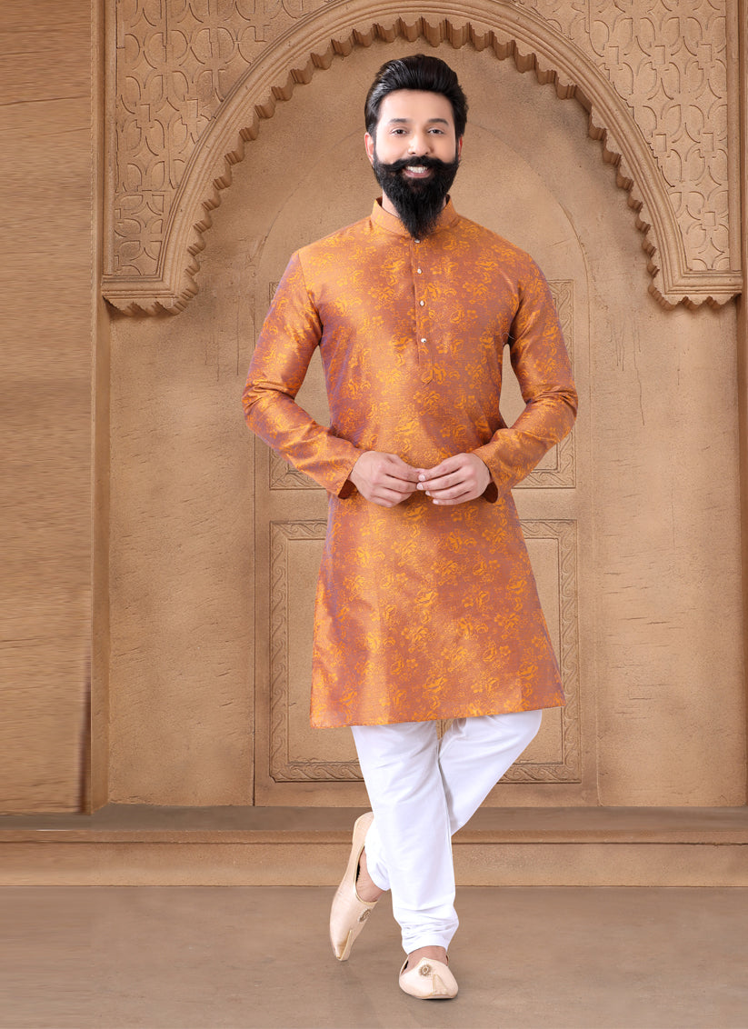 Orange Jacquard Mens Kurta Pajama Set