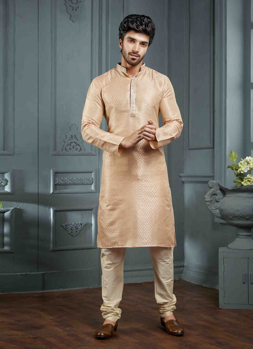 Peach Jacquard Mens Kurta Pajama Set