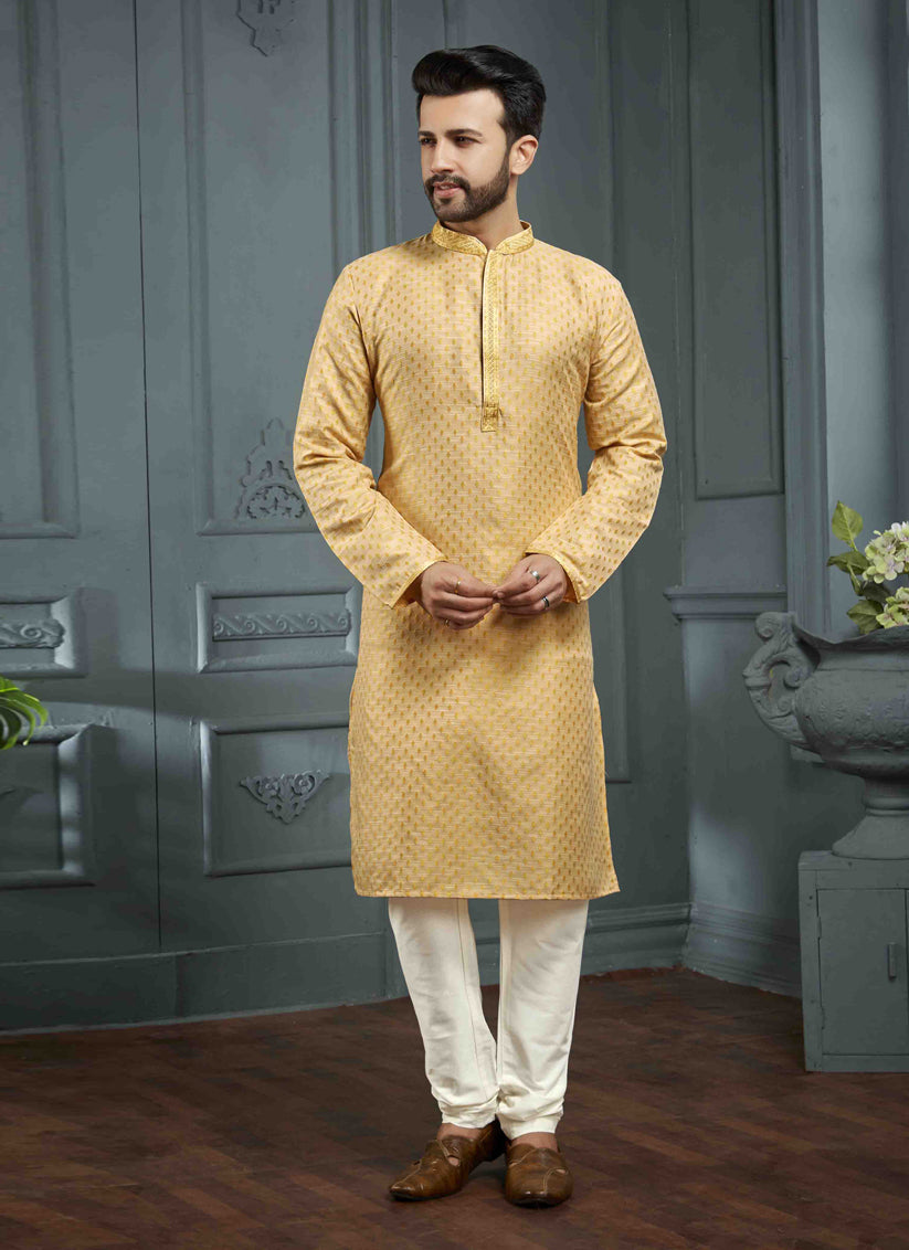 Maize Yellow Jacquard Mens Kurta Pajama Set